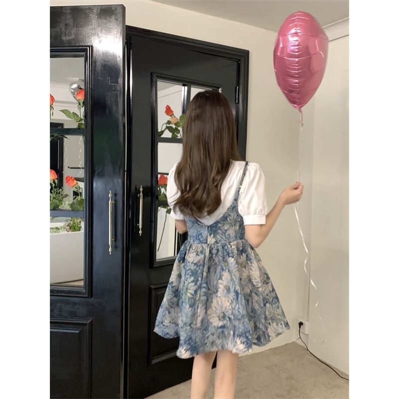 Set Áo Sơ Mi Ngắn Tay + Đầm Hai Dây Họa Tiết Hoa Thời Trang Hàn Quốc Cho Nữ