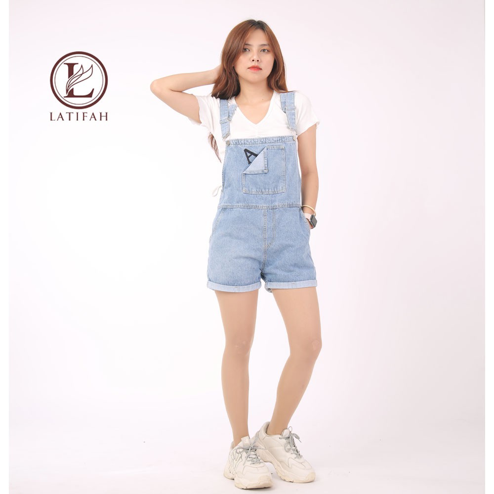 [Mã BMBAU50 giảm 50K đơn 150K] Quần yếm short jean LATIFAH thêu chữ A YJ007 phong cách trẻ hàn quốc