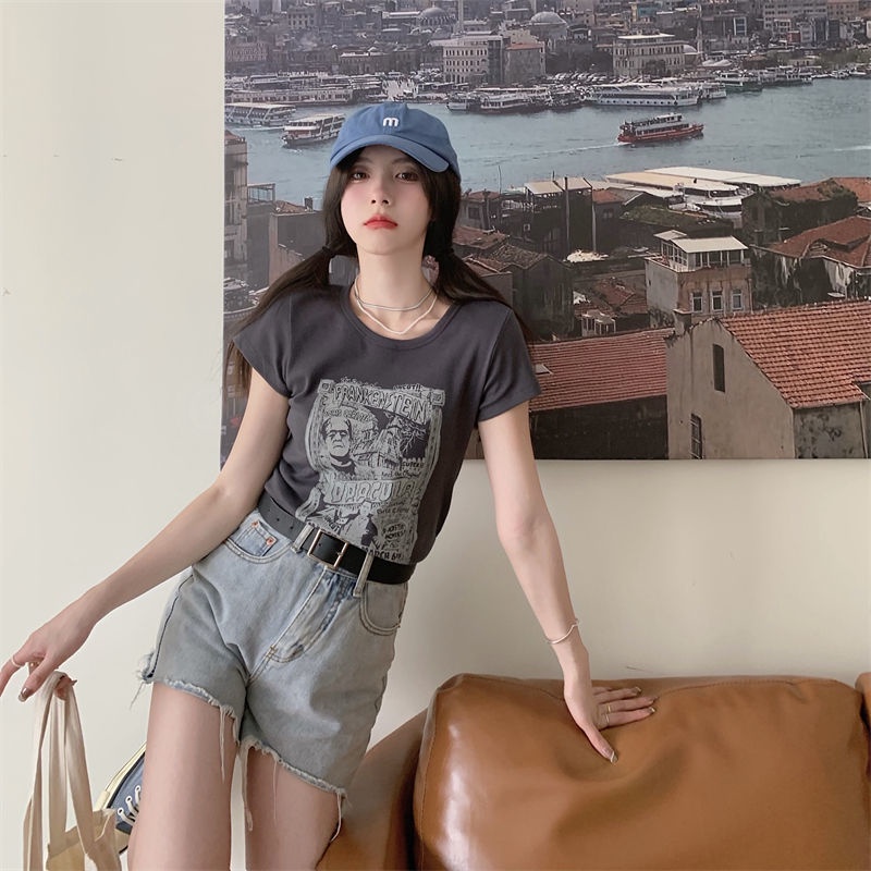 Áo Thun Tay Ngắn In Hình Phong Cách Retro Hàn Quốc Cho Nữ