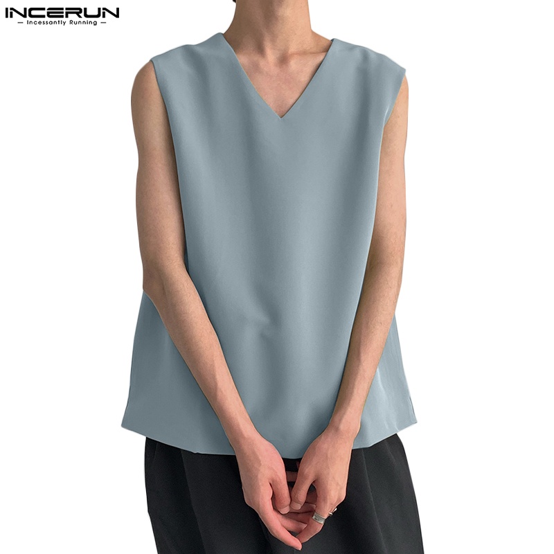 Áo sơ mi nam INCERUN không tay cổ chữ V màu trơn thời trang có 3 màu phong cách Hàn Quốc