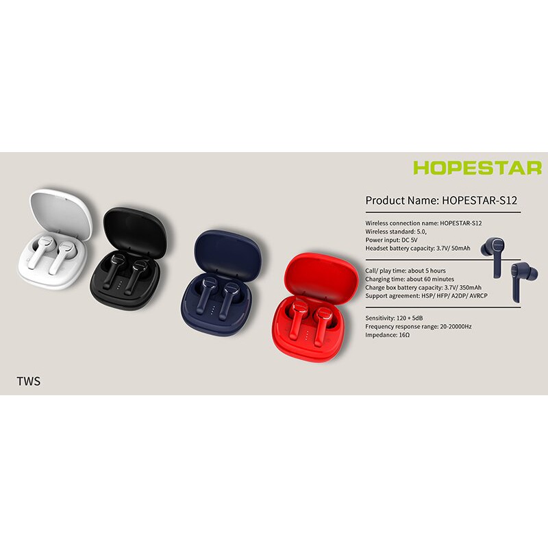 Tai nghe Bluetooth TWS Headset Hopestar S12 V5.0 kết nối từng tai riêng lẻ, âm thanh cực hay, pin dùng đến 4H