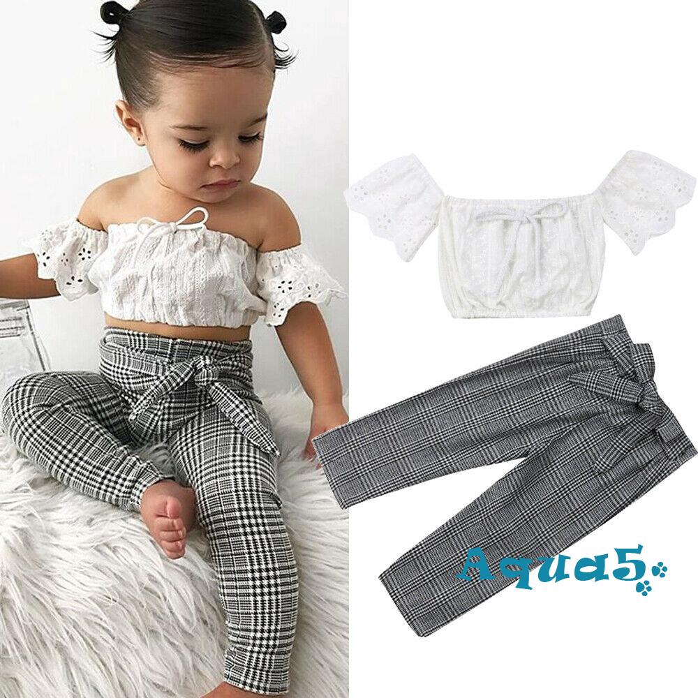 Bộ Quần Áo Mùa Hè Gồm Áo Crop Top Ren + Quần Dài Sọc Caro Dành Cho Bé Gái 2-7 Tuổi