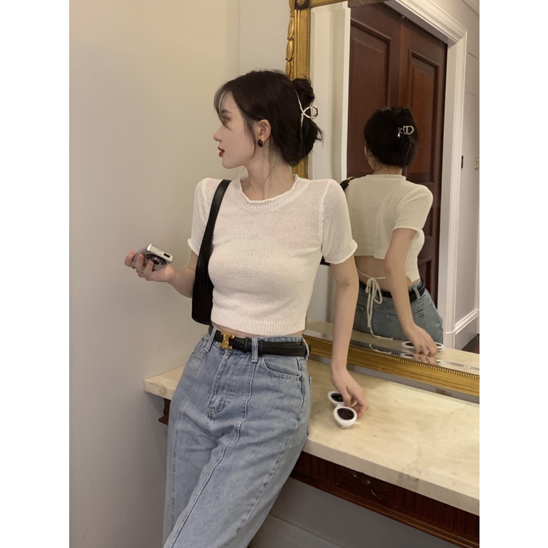 HUNAG YOYO Áo Dệt Kim Tay Ngắn Hở Lưng Dáng Ôm Phong Cách Hàn Quốc Thời Trang Cho Nữ