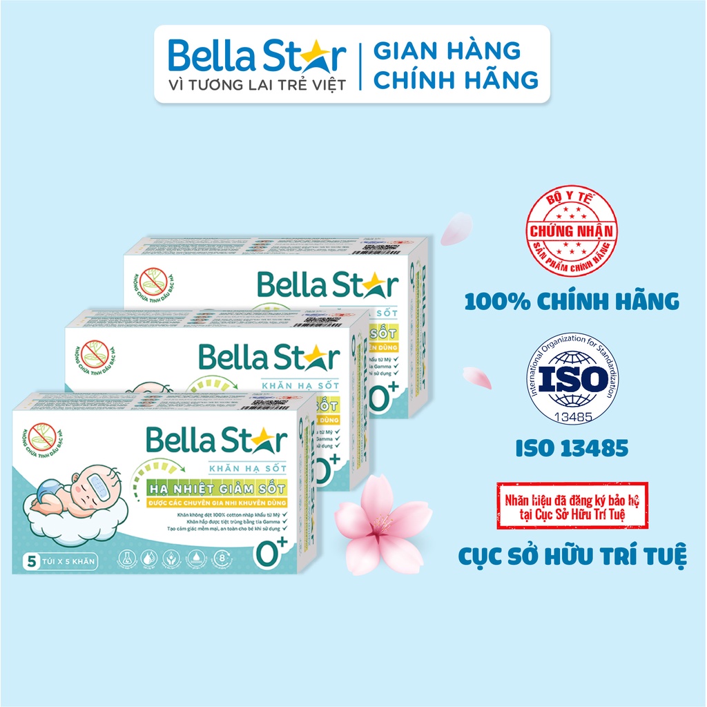 Combo 3 Hộp Khăn Lau Hạ Sốt 0+ BELLA STAR Làm Sạch Và Mát Vùng Da Trẻ Bị Ngứa, Rôm Sảy 25 Khăn/hộp