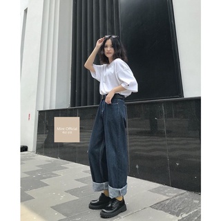 Quần jeans suông xanh hack dáng