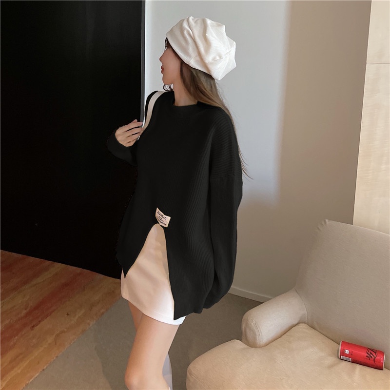 Áo sweater ZHELIHANGFEI tay dài dáng rộng xẻ tà phong cách sang trọng