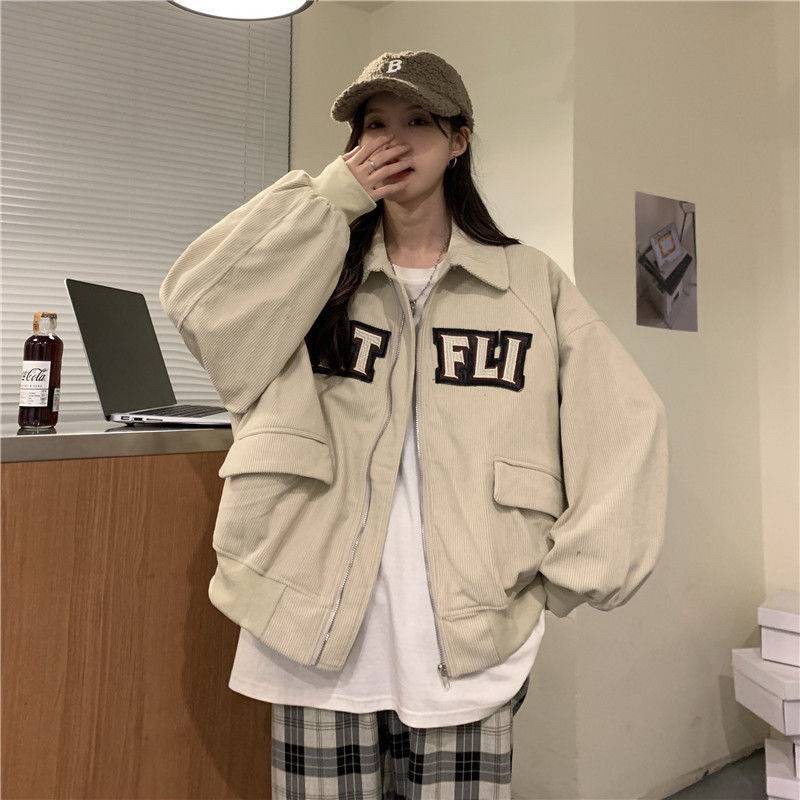 Áo Bomber Dáng Cộc Croptop Cổ Bẻ Khoá Thêu Chữ Áo Khoác Nhung Tăm