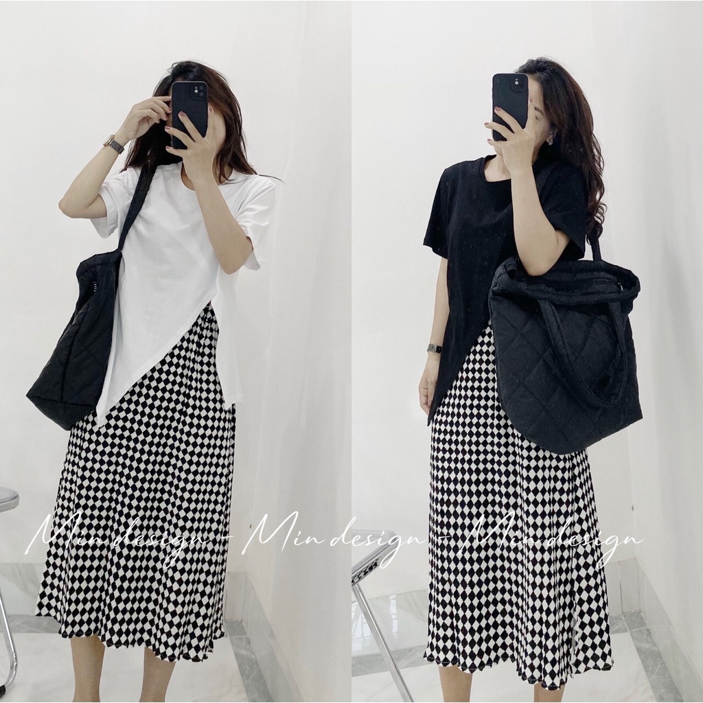 Set áo thun cotton xẻ tà kèm chân váy caro Quảng Châu cao cấp M18 - MIN Design