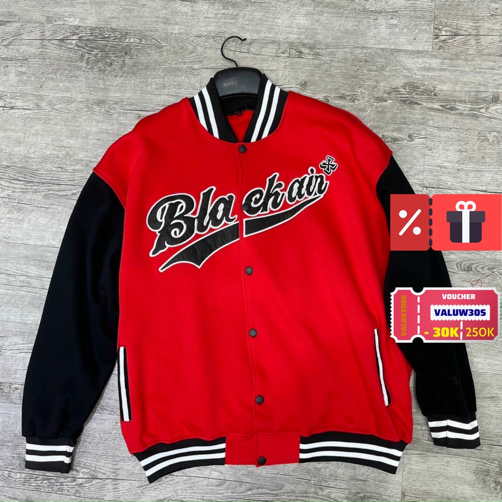 Áo khoác BOMBER MÀU ĐỎ thêu chữ BLACKAIR FORM RỘNG