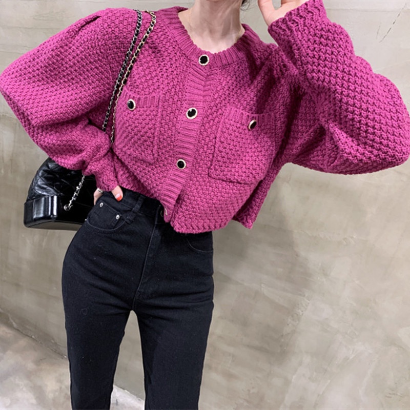 Áo khoác cardigan dệt kim cổ tròn tay phồng thiết kế hai túi có cài nút thời trang cho nữ | BigBuy360 - bigbuy360.vn