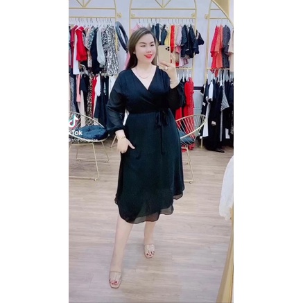 Đầm von bigsize midi tay dài cổ đắp chéo 60-90kg size L-XL-XXL màu đen/ trắng Shop táo đỏ bigsize