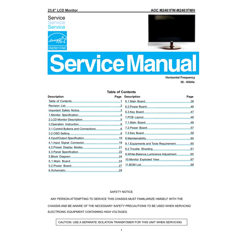 Hướng dẫn sửa chữa và sơ đồ màn AOC M2461FW M2461FWH