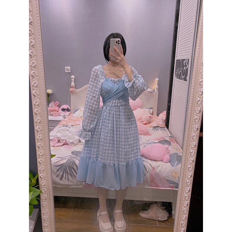 Đầm ulzzang dáng dài vintage hoạ tiết kẻ caro phong cách công chúa hàng Quảng Châu