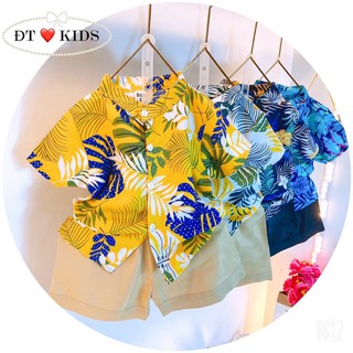 Bộ sơ mi mùa hè cho bé họa tiết hoa lá- bộ đồ đi biển chất đũi siêu mát đủ size 10-25kg