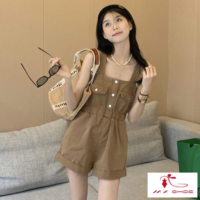 M & X  Quần Yếm Denim Ngắn Phong Cách Retro Mùa Hè 2022 Dáng Ôm Eo Hẹp Uốn Xoăn Cho Nữ
