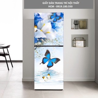 Giấy decal dán tủ lạnh phong thủy hoa bướm xanh