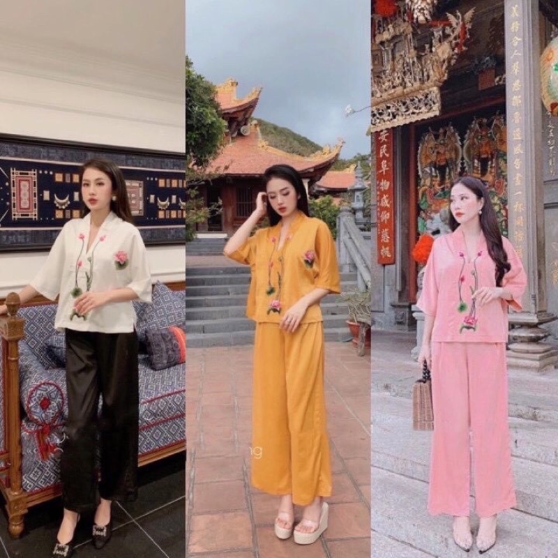Sét lam thêu hoa sen quần ống rộng ( hình thật kèm clip quay cận)