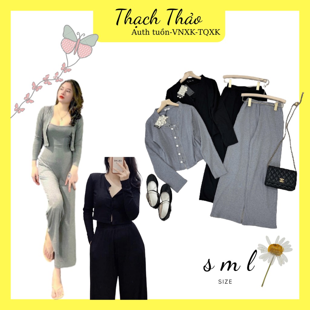 set bộ cotton 3 chi tiết bao gồm áo hai dây áo cadigan và quần dáng dài 2 màu đen xám