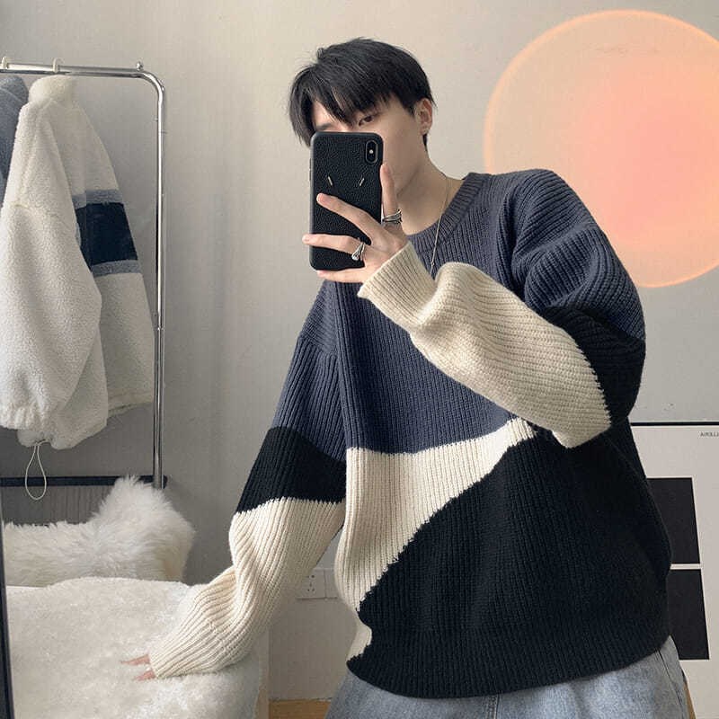 Áo Sweater Dệt Kim Dày Dặn Dáng Rộng Cổ Tròn Màu Tương Phản Thời Trang Thu Đông Cho Nam