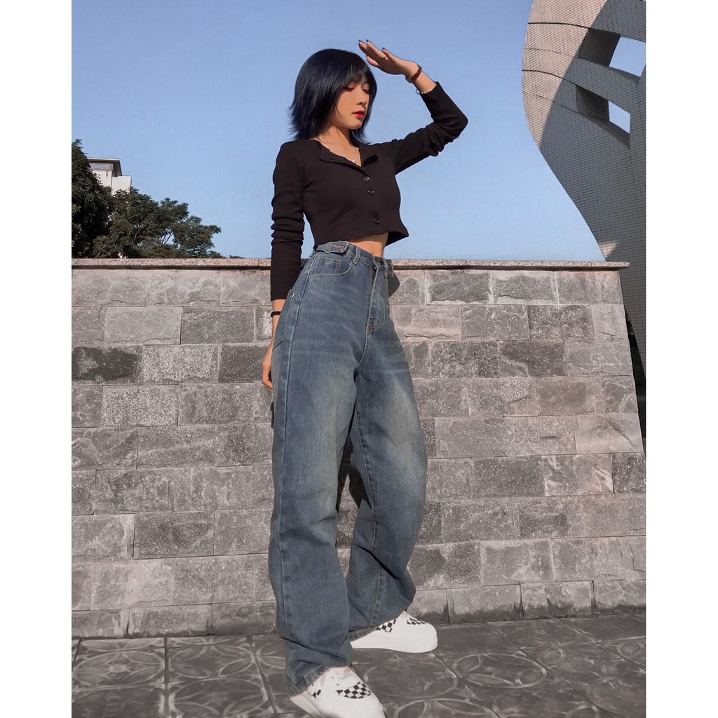 Quần Jeans Nữ Simple Jeans Lưng Cao Dáng Suông Ống Rộng Ulzzang ( Màu Đậm )