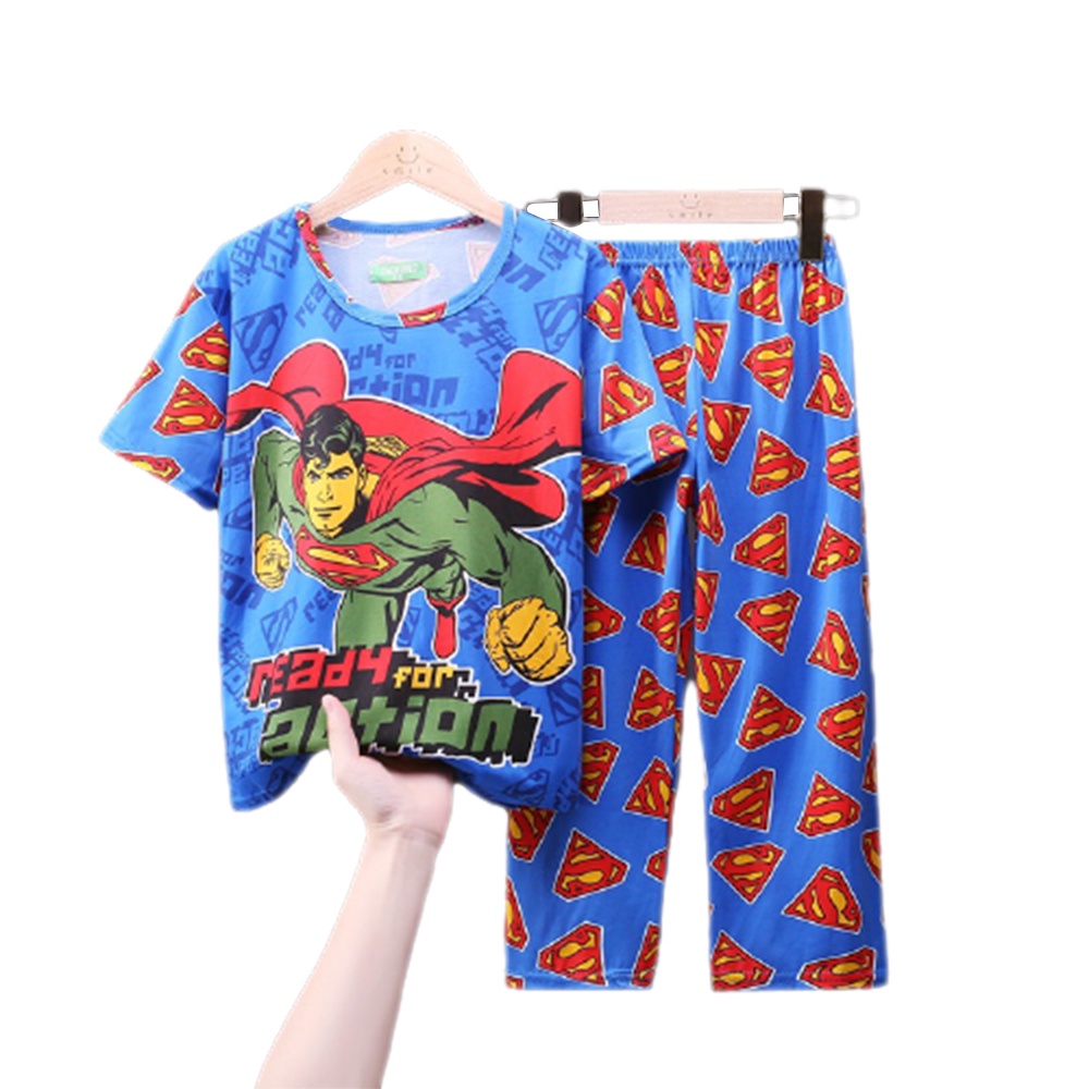 Bộ đồ ngủ cổ tròn in hoạt hình khủng long siêu nhân dễ thương cho bé trai