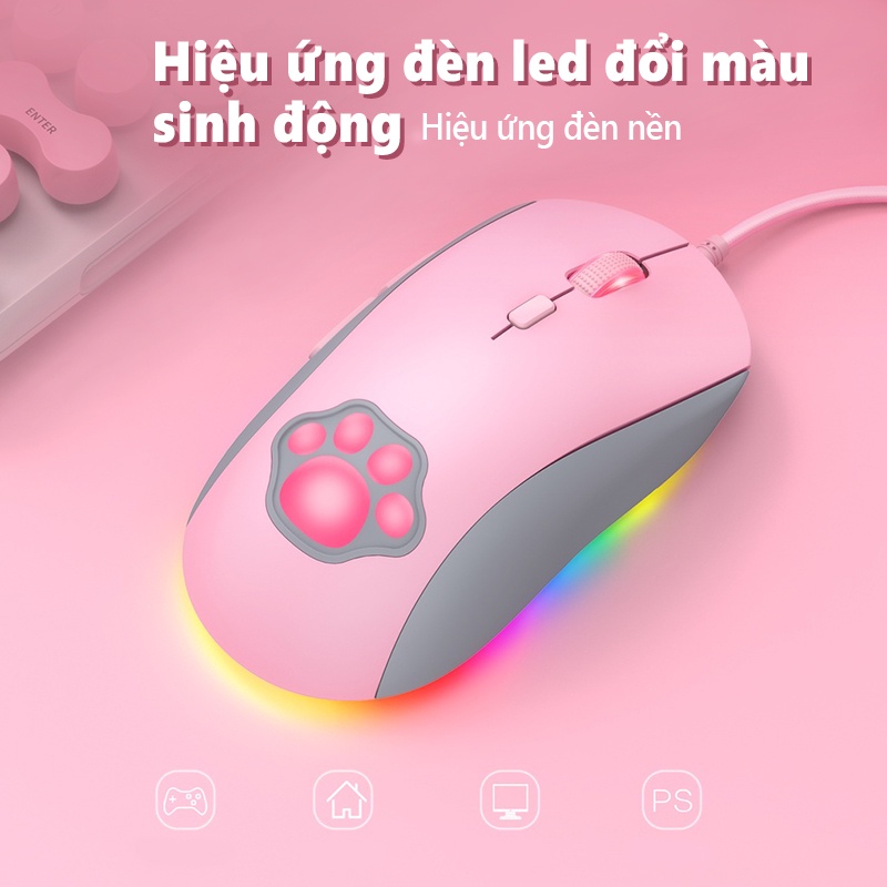 Chuột chơi game có dây ONIKUMA CW918 Catpaw màu hồng và trắng với đèn RGB