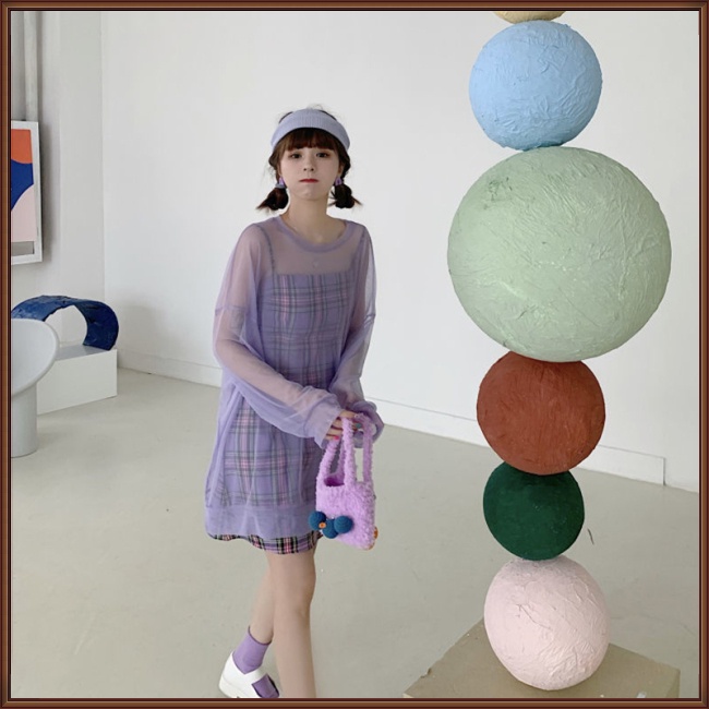 Đầm Hai Dây Màu Tím Kẻ Sọc Caro + Áo Sơ Mi Lưới Chống Nắng Thời Trang Dành Cho Nữ