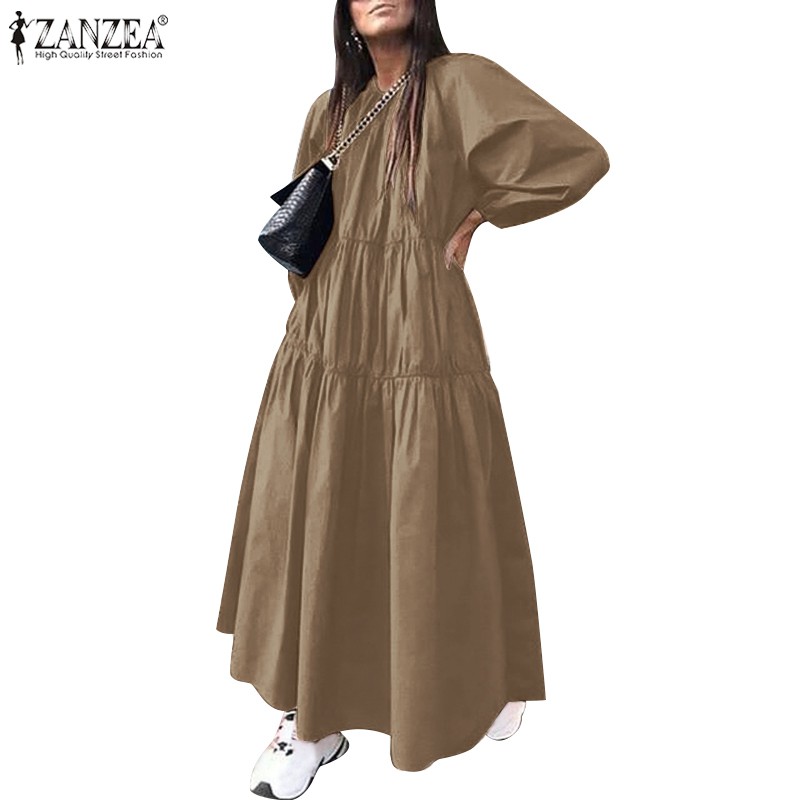 ZANZEA Đầm maxi tay phồng cổ tròn thanh lịch cho nữ