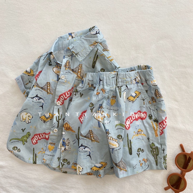 Bộ Áo Thun Tay Ngắn Và Quần Lửng In Hình Khủng Long Dành Cho Bé Trai Gái