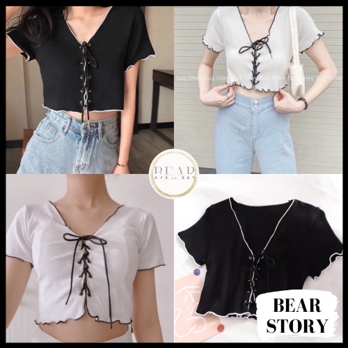 Áo Croptop Kiểu Nữ Viền Chỉ Cổ V Phối Dây Cột Nơ | By Bear.story