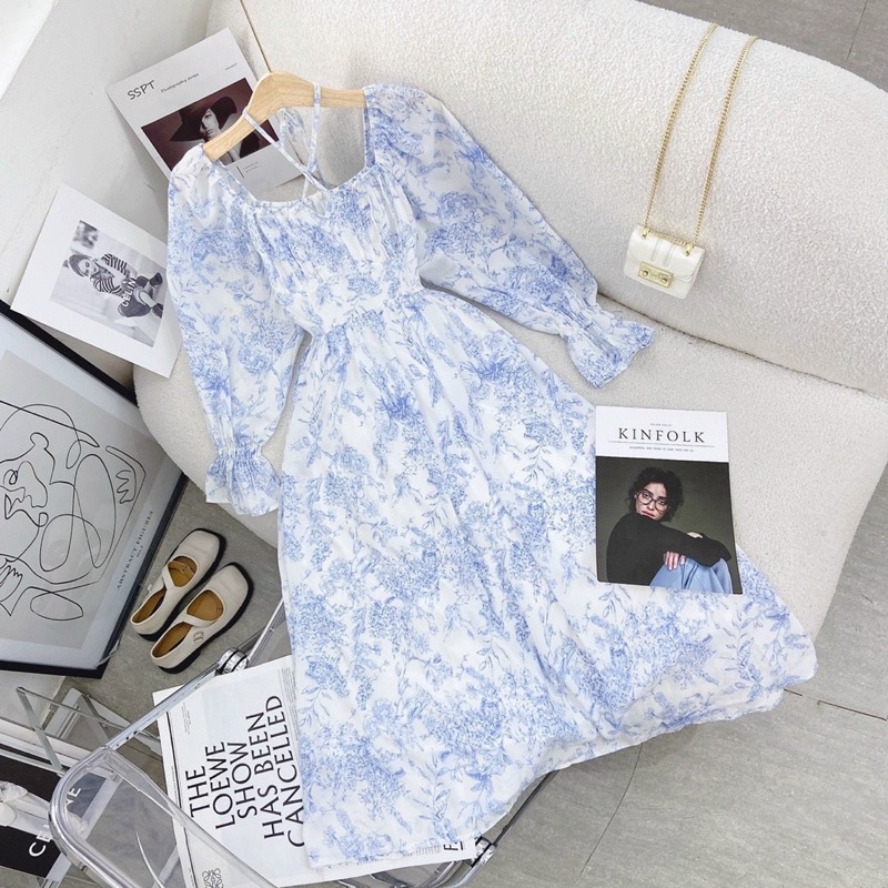 🦋Đầm MiDi Hoa Xanh Cổ Vuông Dây Chéo Tay Bo Thun🦋