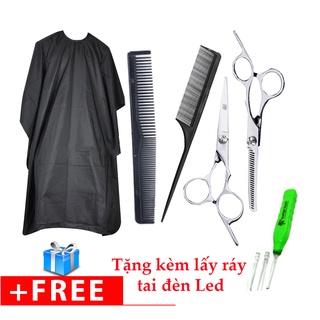 Kéo cắt tóc và tỉa tóc tặng 2 cây lược, áo choàng cắt tóc và ráy tai có đèn Led