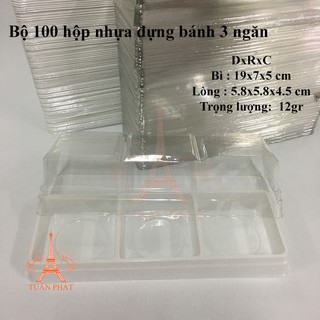 Bộ 100 hộp nhựa đựng bánh 3 ngăn ( lòng : 5.8x5.8x4.5 )