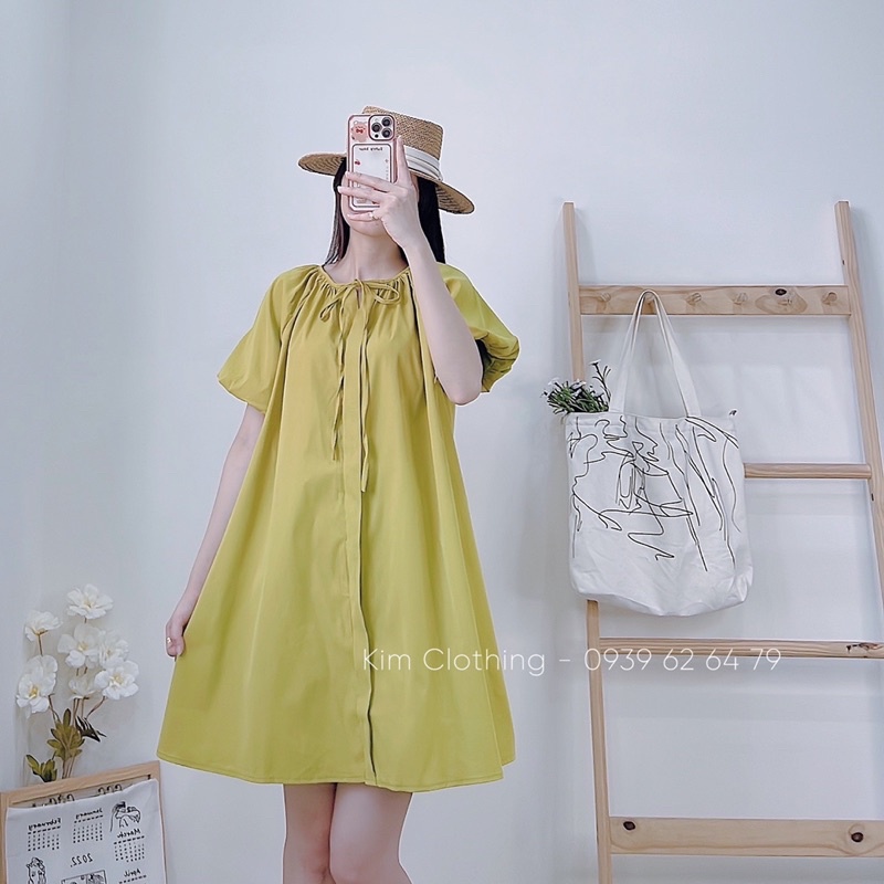 Đầm suông tay bồng gài nút cột nơ xinh xắn [kèm hình thật]