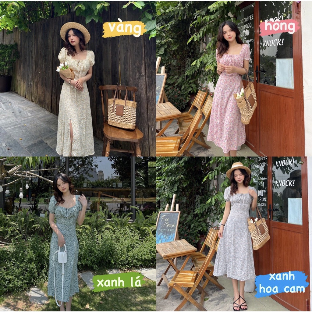 Đầm hoa nhí vintage, Đầm hoa cổ vuông xẻ tà Emmei v84