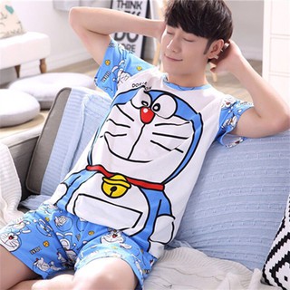 Oyster☊✈Bộ đồ ngủ tay ngắn chất liệu 100% Cotton in hoạ tiết Doraemon thời trang mùa hè cho nam giới