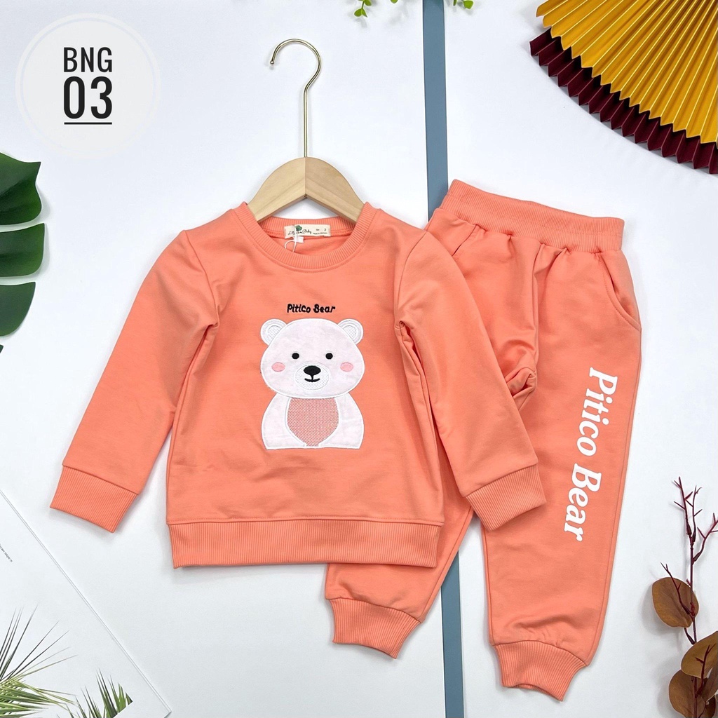 Bộ quần áo nỉ bé gái LITIBABY hình gấu Bear, size 2 đến 8 tuổi