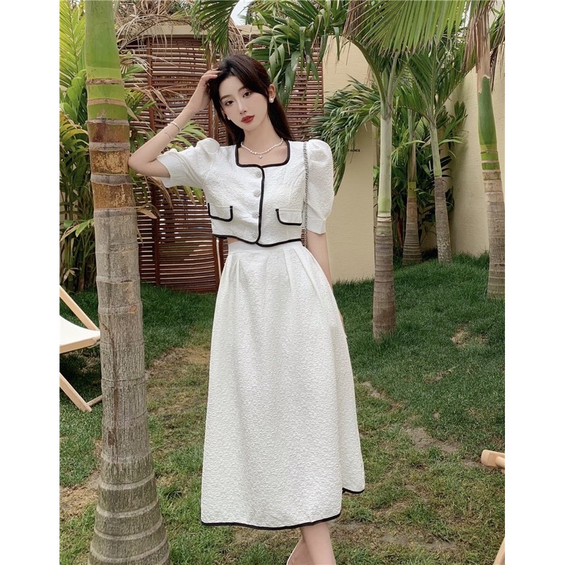 Set Đồ Trắng Đầm Tiên bộ 2 món áo +chân váy dài 2 lớp kiểu Hàn trắng xốp công sở