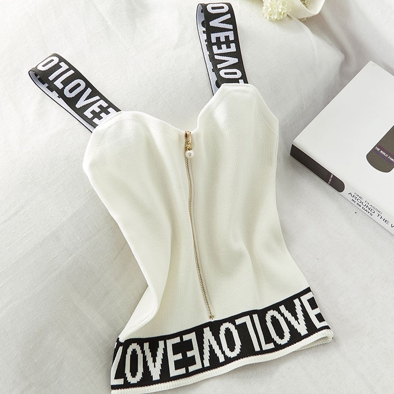 Áo Tank Top Dệt Kim Ôm Dáng Phối Khóa Kéo Đính Ngọc Trai Gợi Cảm Cho Nữ