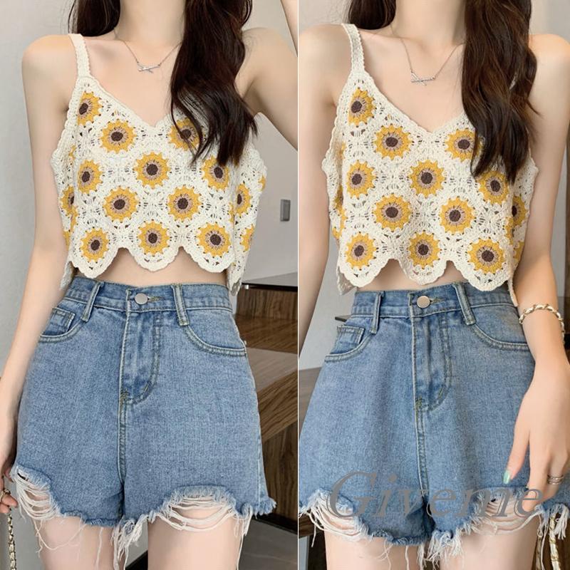 Áo Croptop Dệt Kim Sát Nách Cổ Chữ V Họa Tiết Hoa Hướng Dương Thời Trang Mùa Hè Cho Nữ