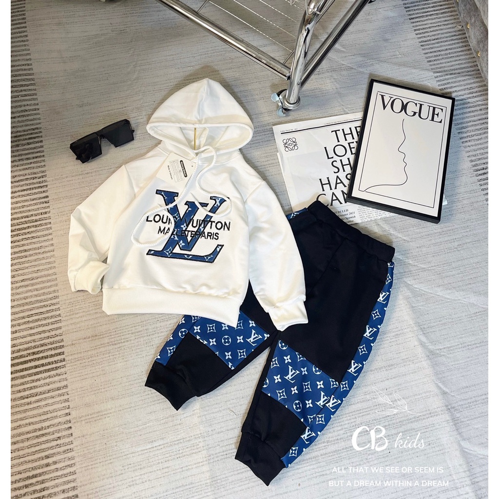Quần áo thu đông bé trai, Sét bộ da cá áo Hoodie phối LVT sành điệu cho bé 8-30kg