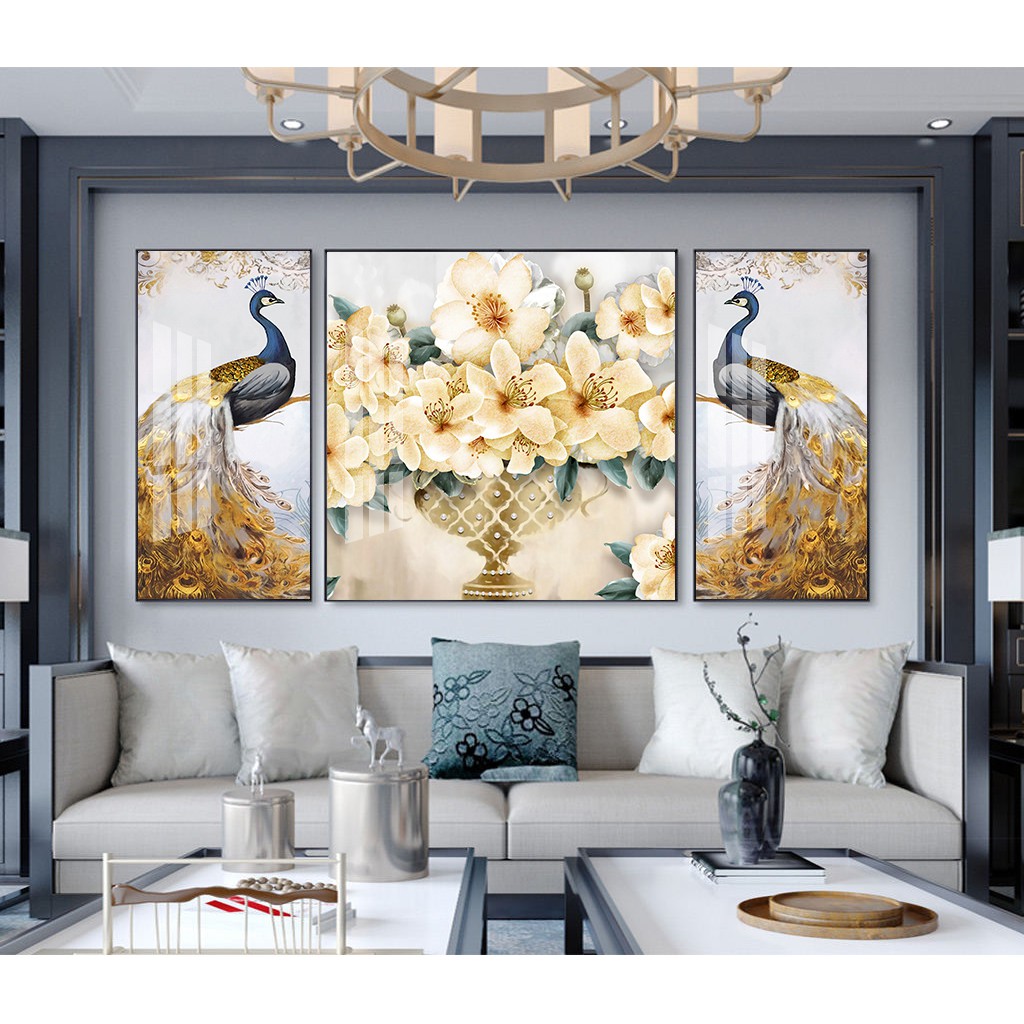 Bộ 3 tranh ghép treo tường hiện đại đôi chim công vàng và lục bình hoa đẹp bóng kính hoặc canvas ZTU_57101