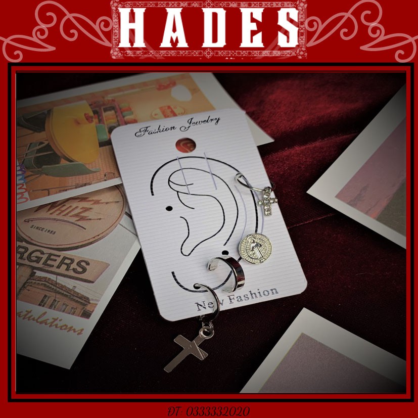 [Xả kho] Khuyên tai titan chữ thập set 4c cá tính - bông tai đính đá ghothic trang sức phụ kiện hip hop Hades.js