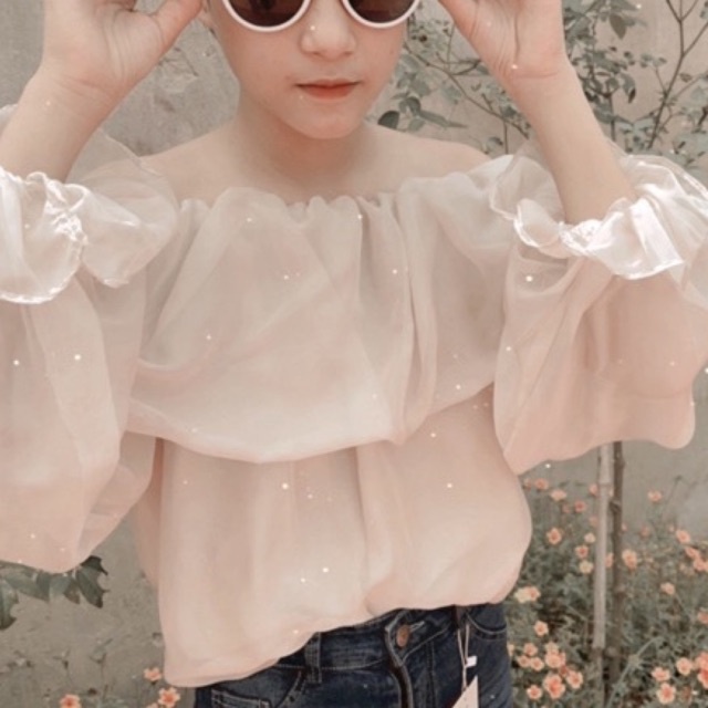 Áo Trễ Vai Đi Biển, Áo Voan Trễ Vai Tiều Thư, Áo Dài Tay_A7 XƯỞNG MAY TC2