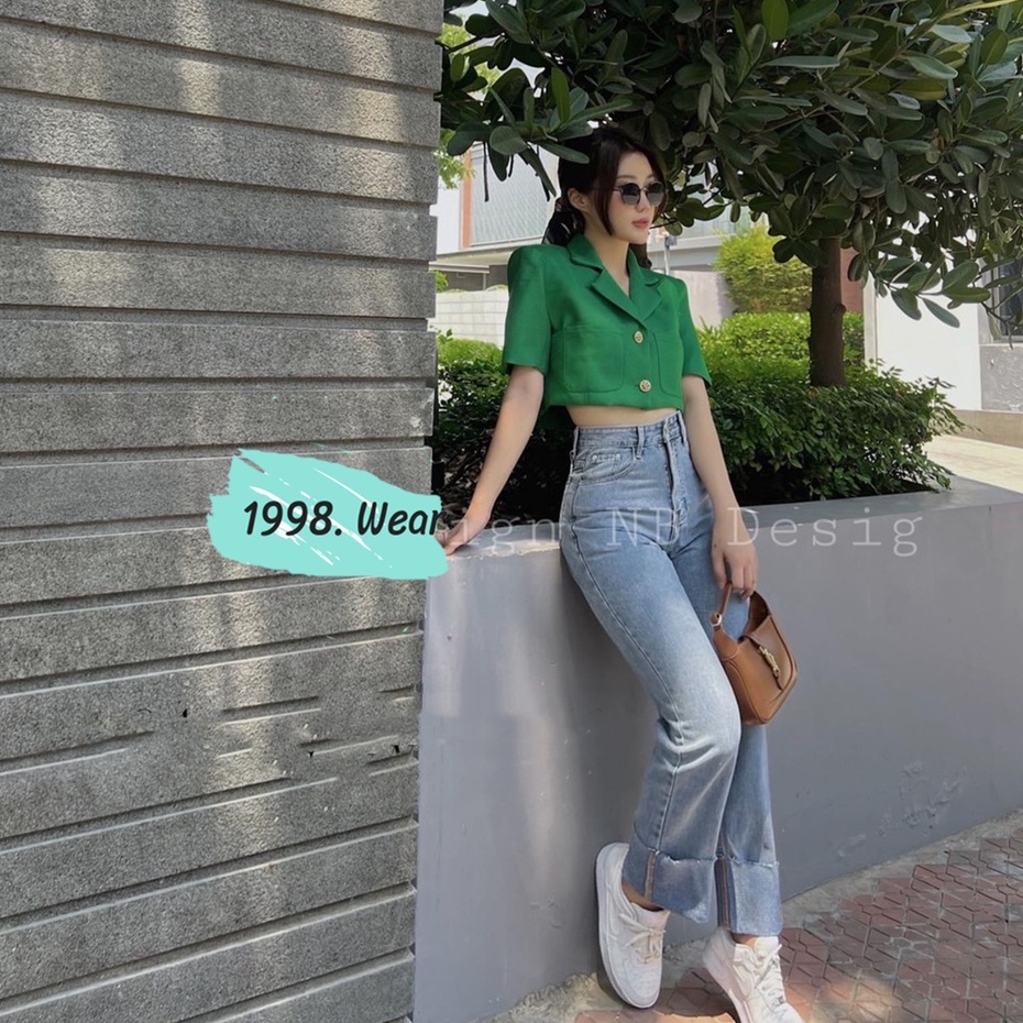 Áo khoác blazer nữ 2 lớp thiết kế cổ vets croptop tay ngắn vải linen thời trang nữ1998.WEAR