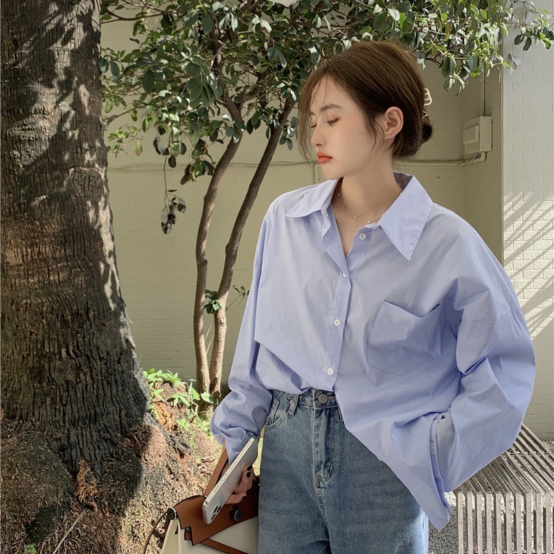Áo Sơ Mi Nữ Dài Tay Màu Xanh Trắng Cổ Sơ Mi Thời Trang Hàn Quốc Chất Mát Mẻ Loại 1 Đủ Size Chất Mát Mịn