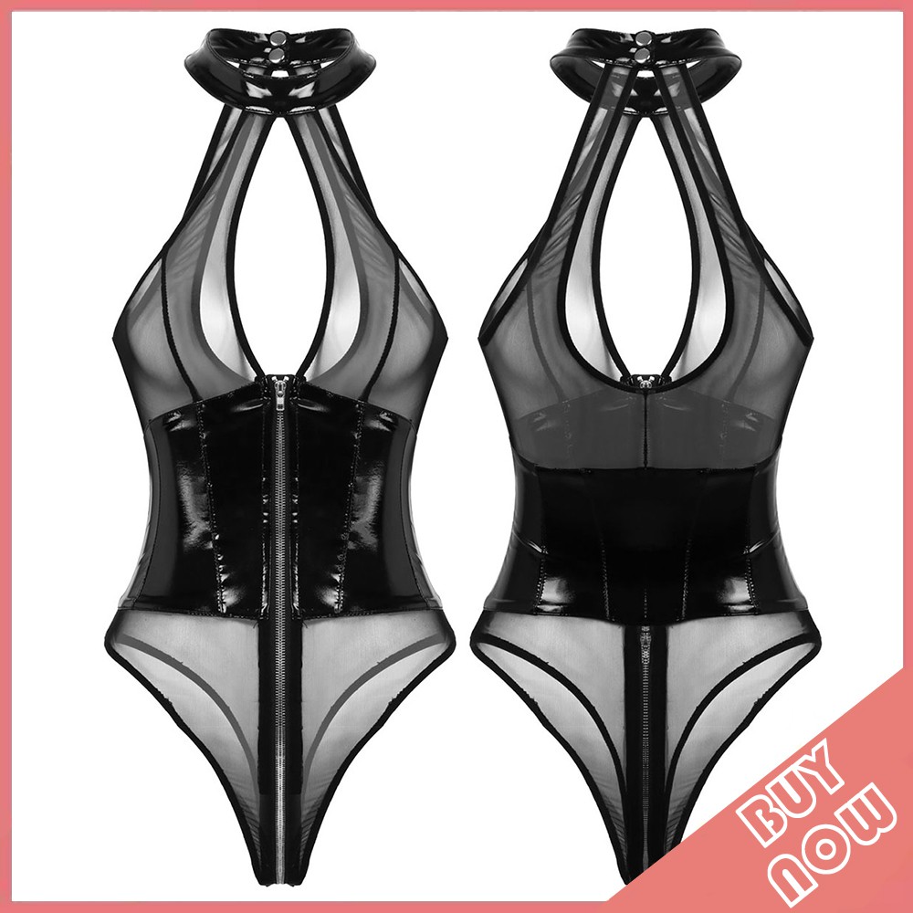 Bộ Đồ Ngủ Liền Thân Chất Liệu Da Bóng Phối Lưới Có Khóa Kéo Quyến Rũ Cho Nữ