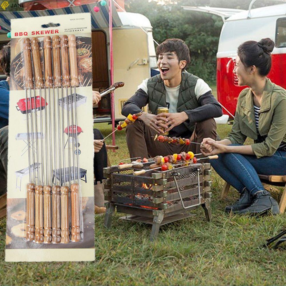 Set 10 Xiên Nướng Bbq Bằng Thép Không Gỉ Với Tay Cầm Bằng Gỗ