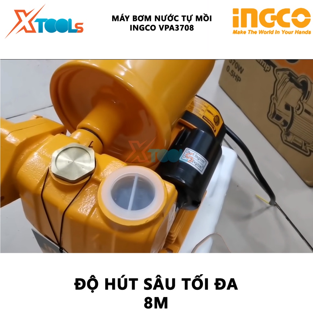 Máy bơm nước tự mồi INGCO VPA3708 Máy bơm nước Điện áp: 220-240V ~ 50Hz Công suất đầu vào 370W (0,5HP) Chiều cao bơm tối