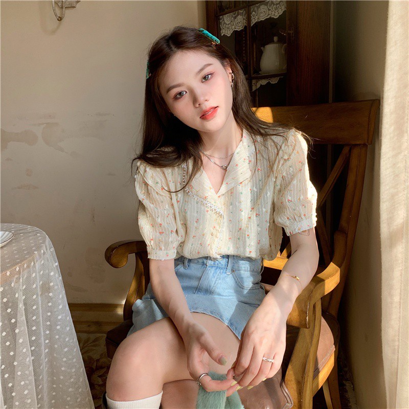 Áo sơ mi phối ren hoa ngắn tay phong cách ngọt ngào mới 43916 | BigBuy360 - bigbuy360.vn